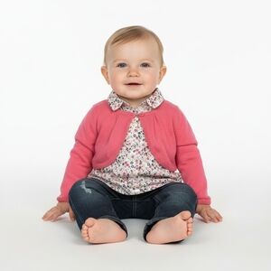 Obaibi Girls 3-Piece Outfit Floral Top Pink Cardigan Denim Pants Size 18M